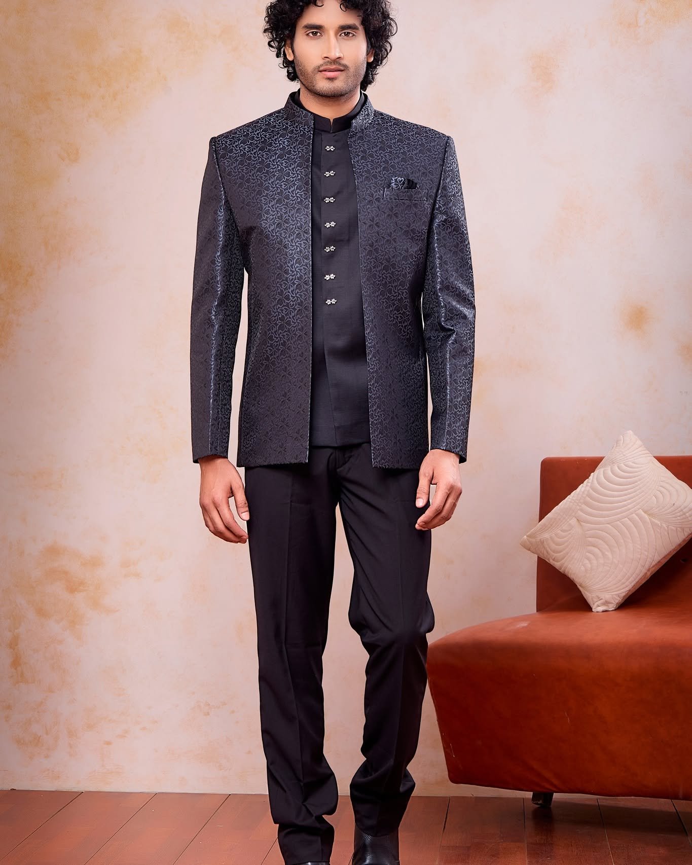 Elegance meets modern royalty with our Designer Gray & Black Jodhpuri Jacket